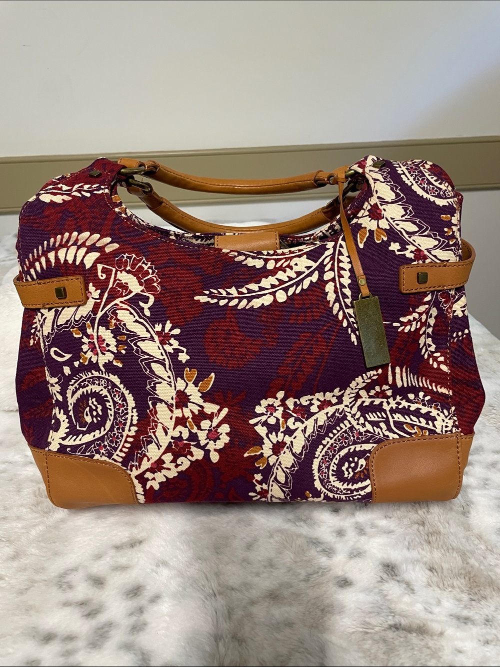 Talbots Paisley Canvas Tote Bag with Tan Leather in Trim - Purple & Burgundy